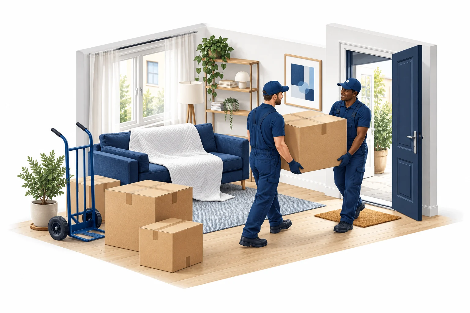 Illustration: Zwei Umzugshelfer tragen einen Karton in eine Wohnung