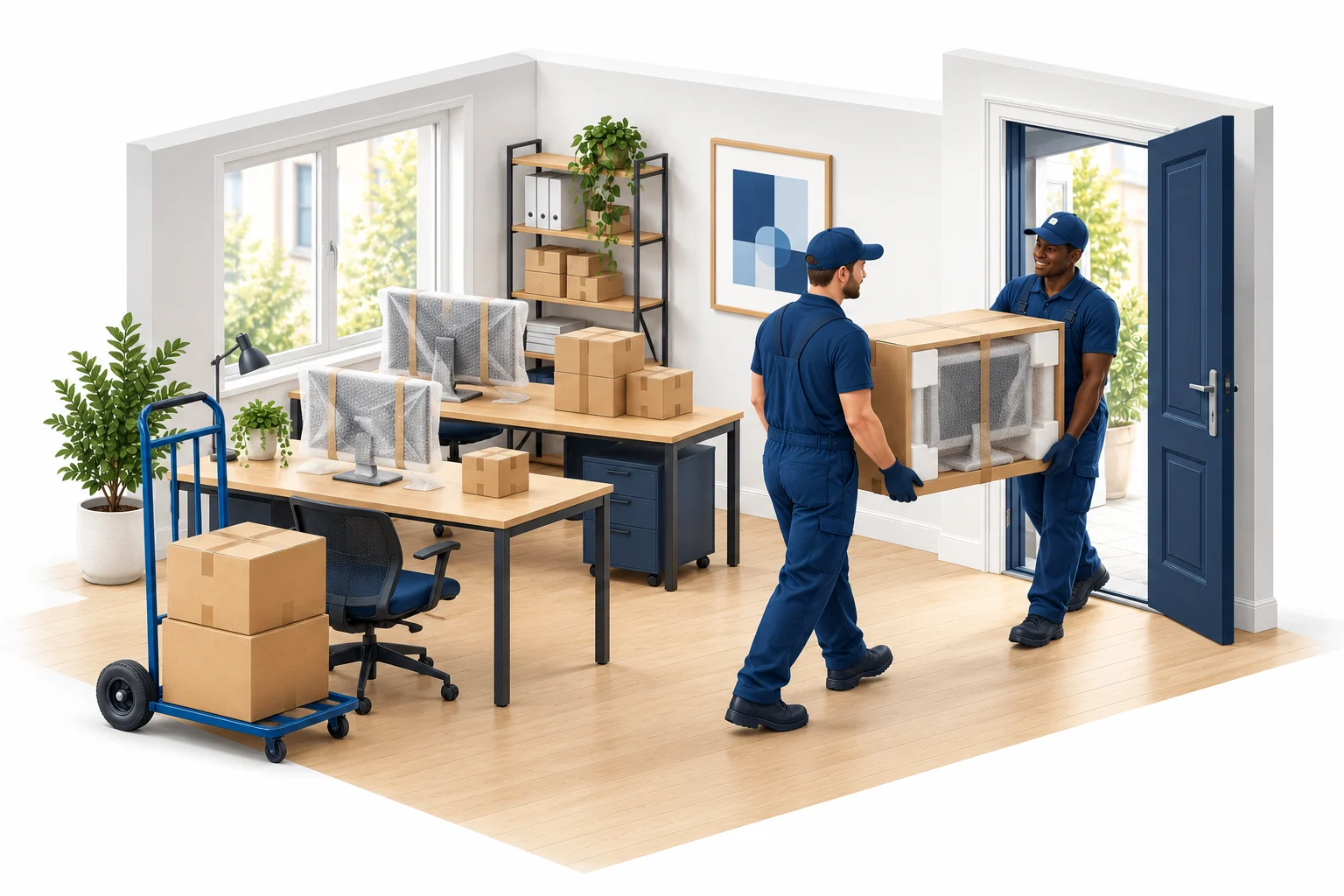 Illustration: Umzugshelfer tragen einen verpackten Monitor aus einem Büro