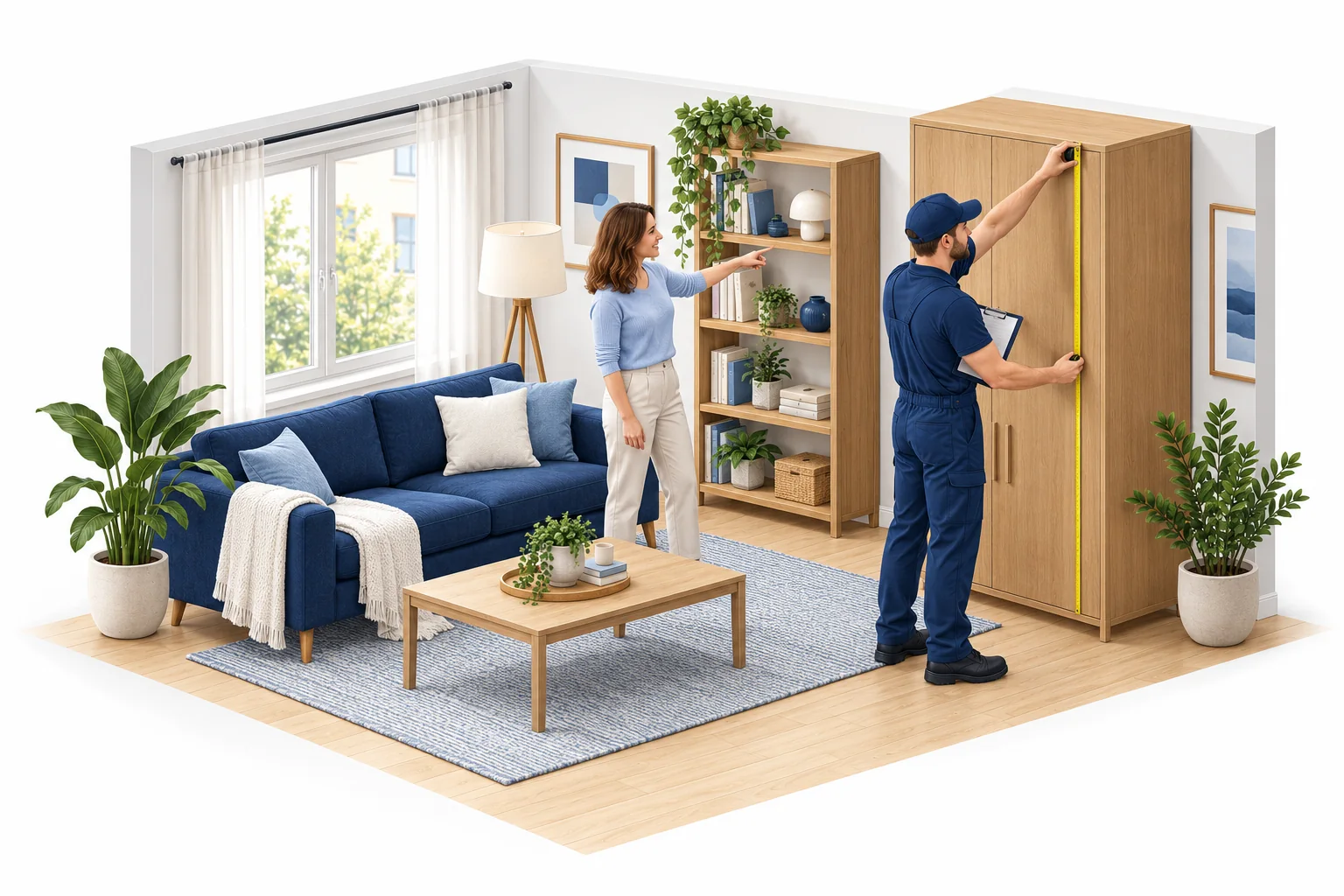 Illustration: Umzugshelfer misst einen Schrank mit dem Maßband aus, die Kundin zeigt auf das Regal