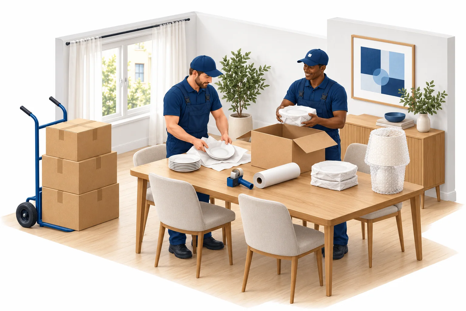 Illustration: Helfer packen Geschirr in Papier und Kartons