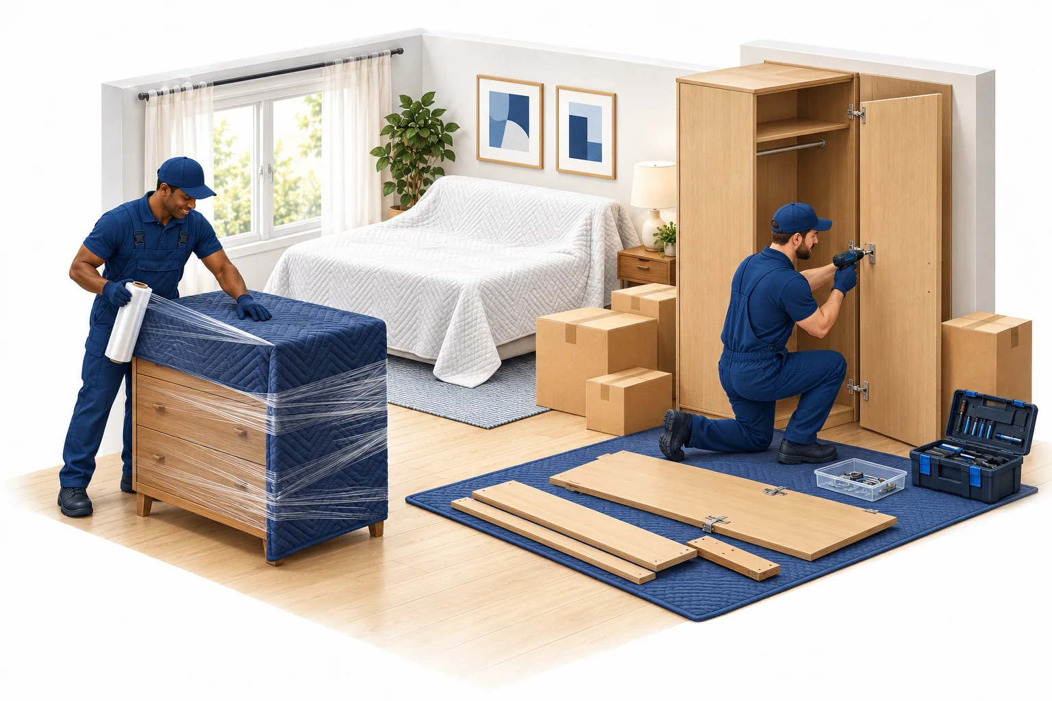 Illustration: Helfer wickelt eine Kommode in eine Decke, ein zweiter baut einen Schrank ab