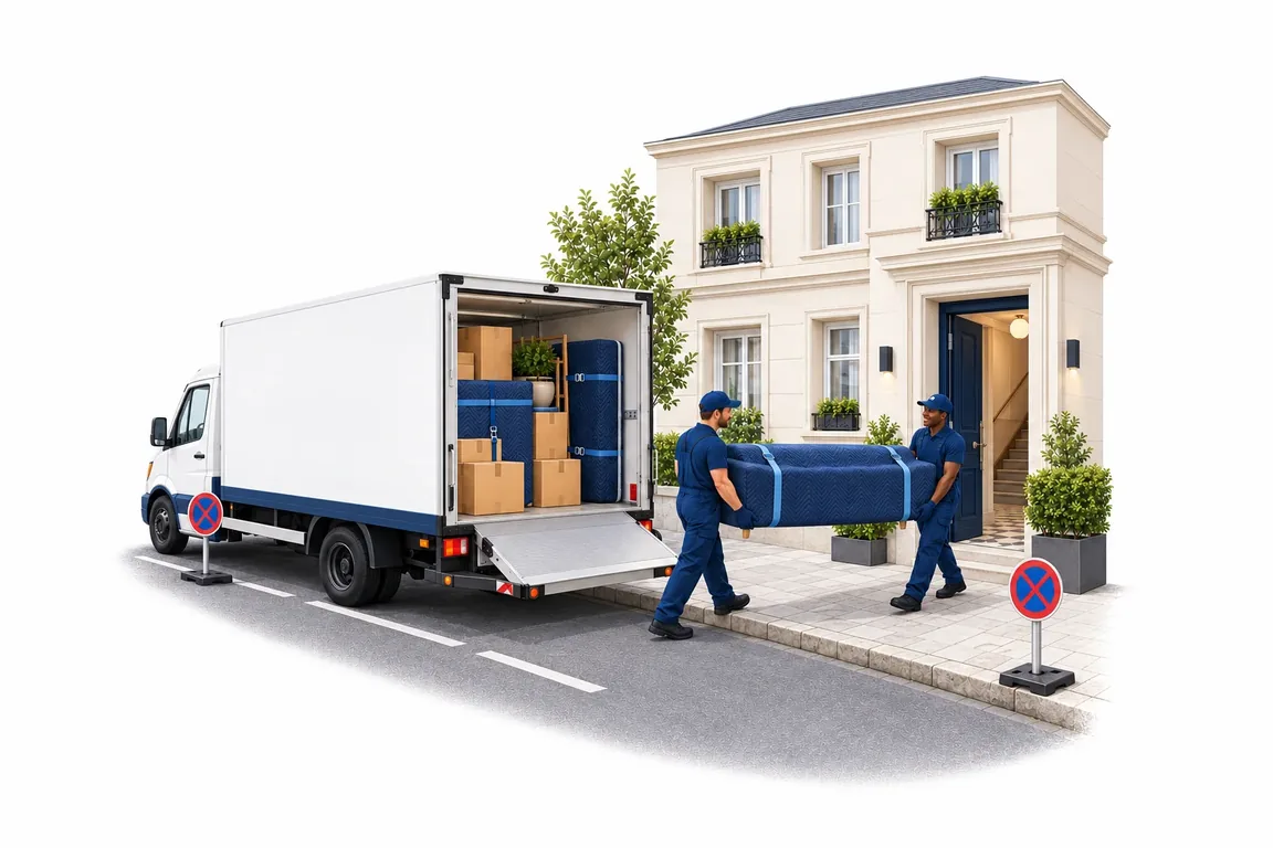 Illustration: Helfer tragen ein eingepacktes Sofa zum Koffer-LKW, davor stehen Halteverbotsschilder