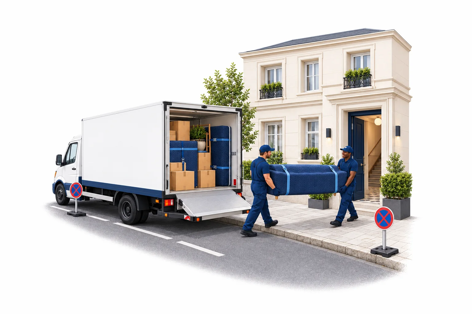 Illustration: Koffer-LKW mit offener Ladebordwand vor einem Mehrfamilienhaus, Helfer tragen ein Sofa