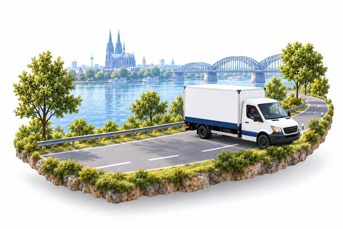 Illustration: Umzugs-LKW auf einer Straße am Rhein, im Hintergrund Brücke und Dom