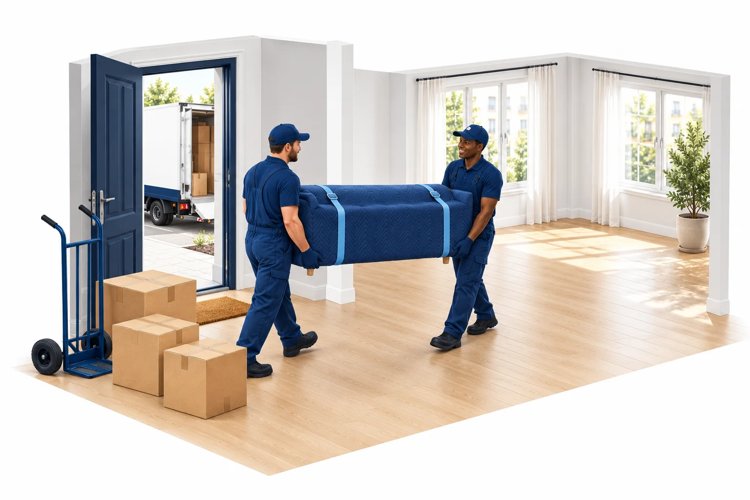 Illustration: Zwei Helfer tragen ein eingepacktes Sofa in die neue Wohnung