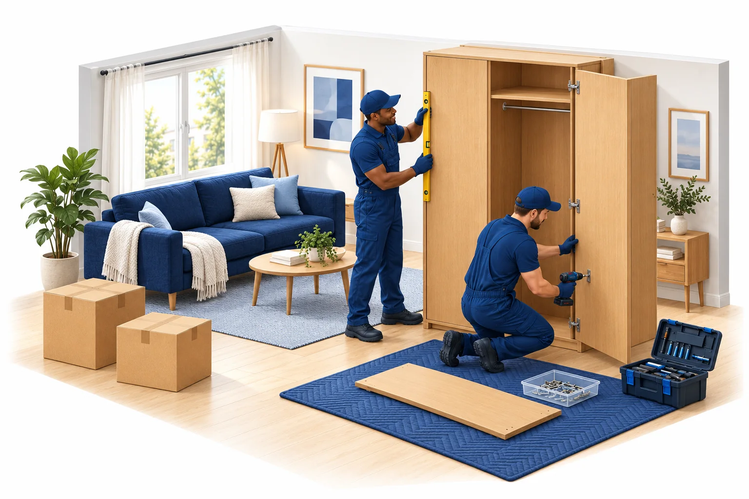 Illustration: Zwei Helfer bauen im Wohnzimmer einen Kleiderschrank auf