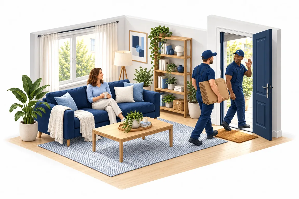 Illustration: Eingerichtetes Wohnzimmer, die Kundin sitzt auf dem Sofa, zwei Helfer verabschieden sich an der Tür