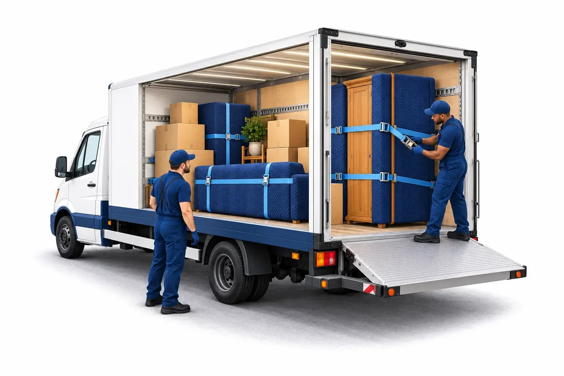 Illustration: Helfer sichern Möbel und Kartons mit Gurten im Koffer-LKW